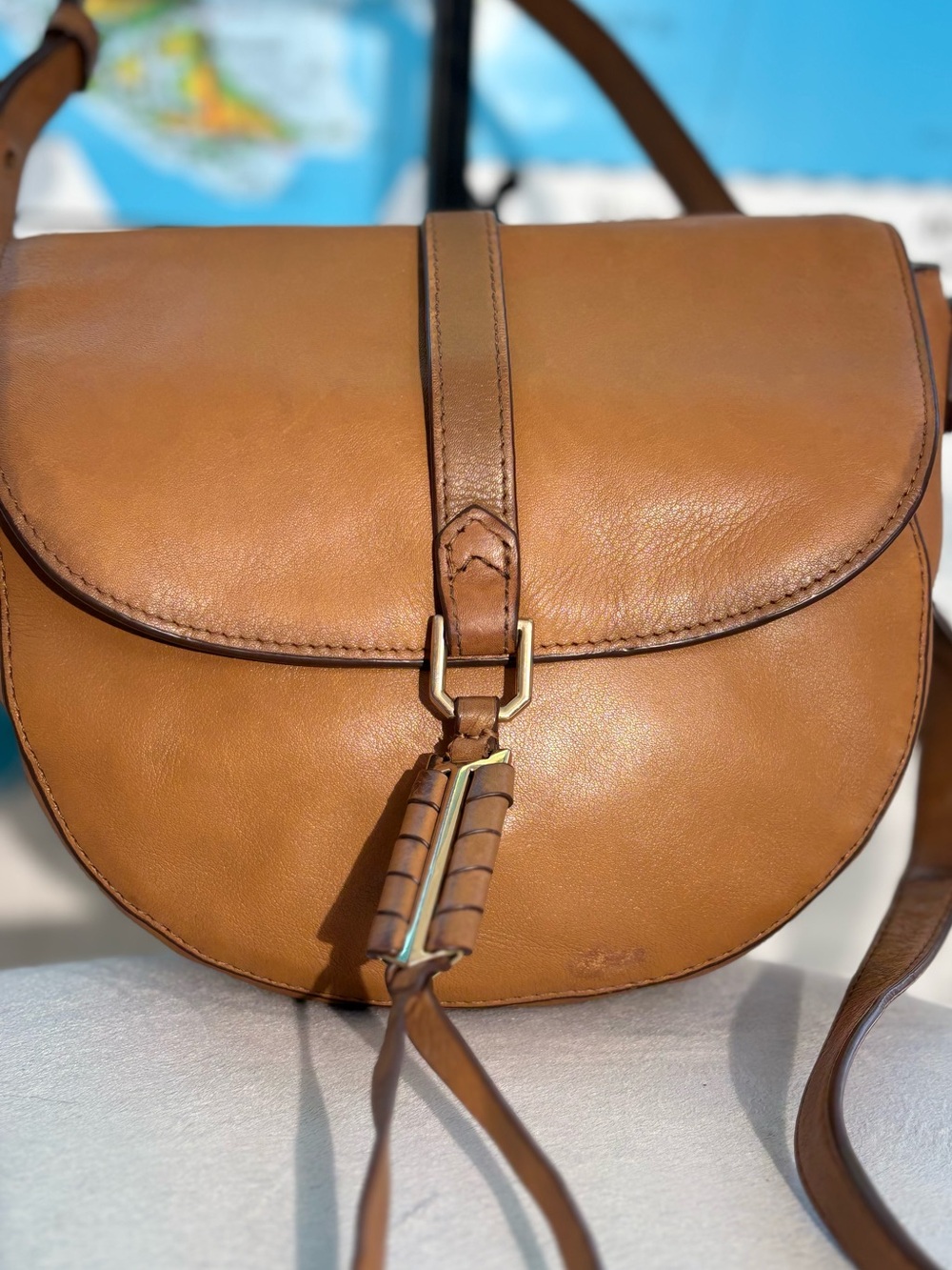 Stella & Dot Covet Sloane Saddle Bag Tan Leather Crossbody Handbag Purse
